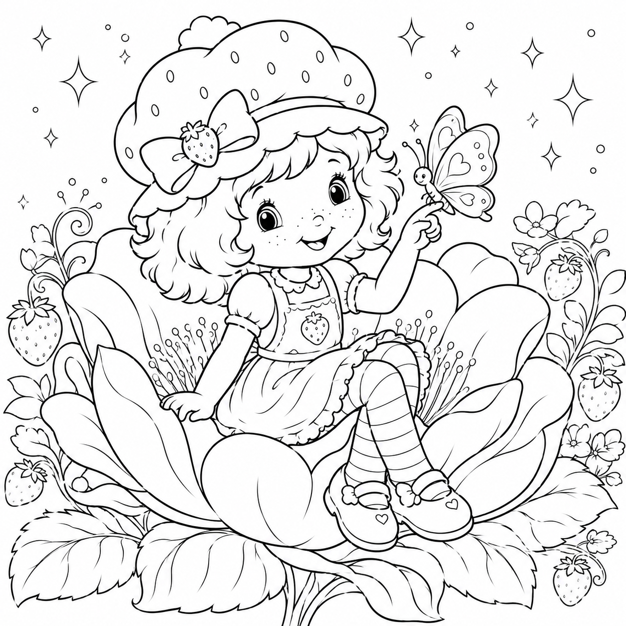 Strawberry Shortcake Sitting on a Giant Flower coloring page with butterfly and sparkles
